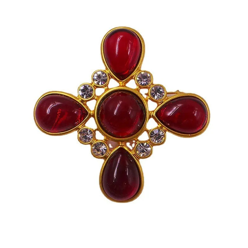 Baroque cross crystal brooch in zinc alloy with medieval design on dark background