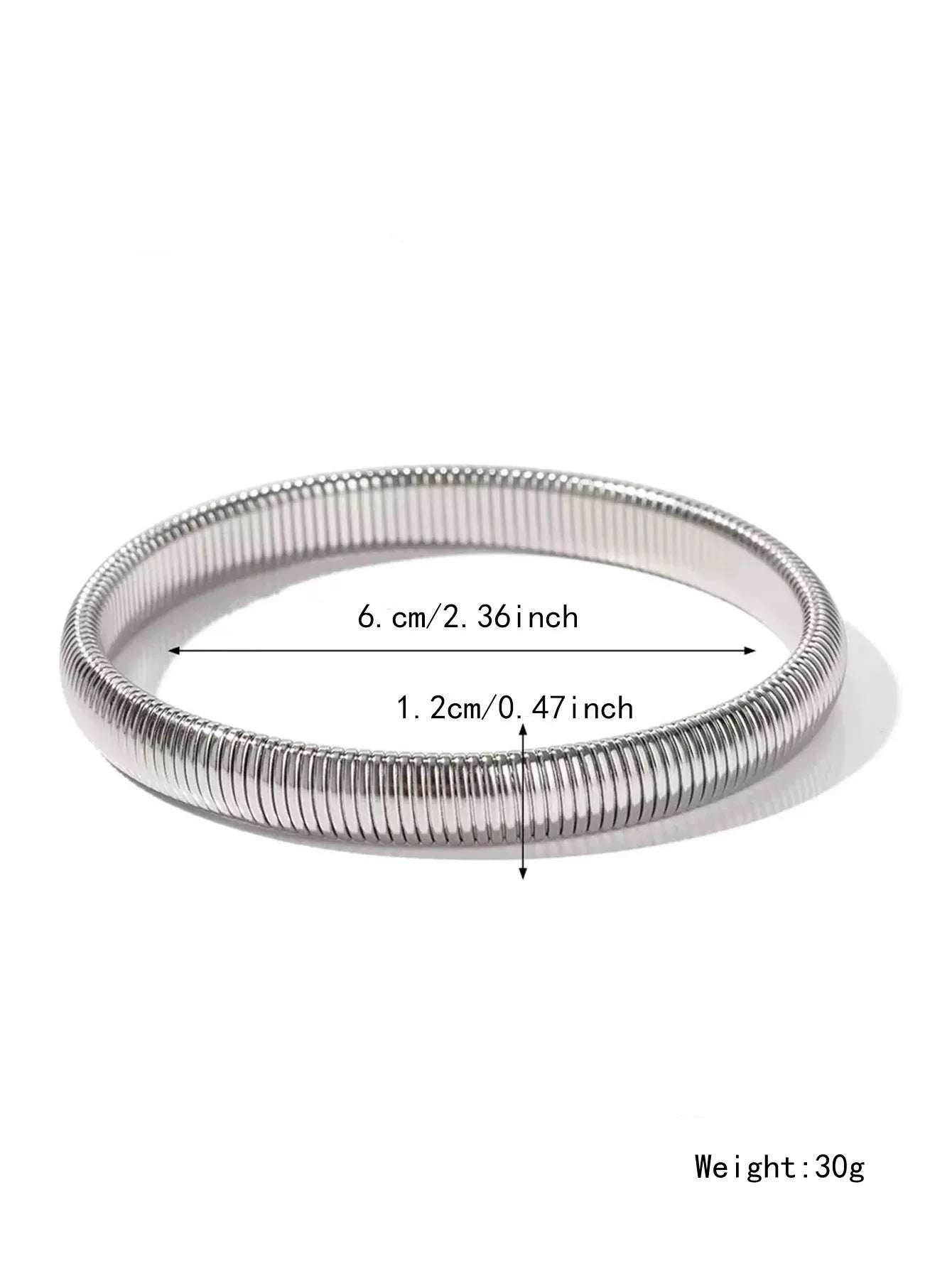Women's titanium steel elastic bracelet showing vertical stripe ring pattern in gold finish