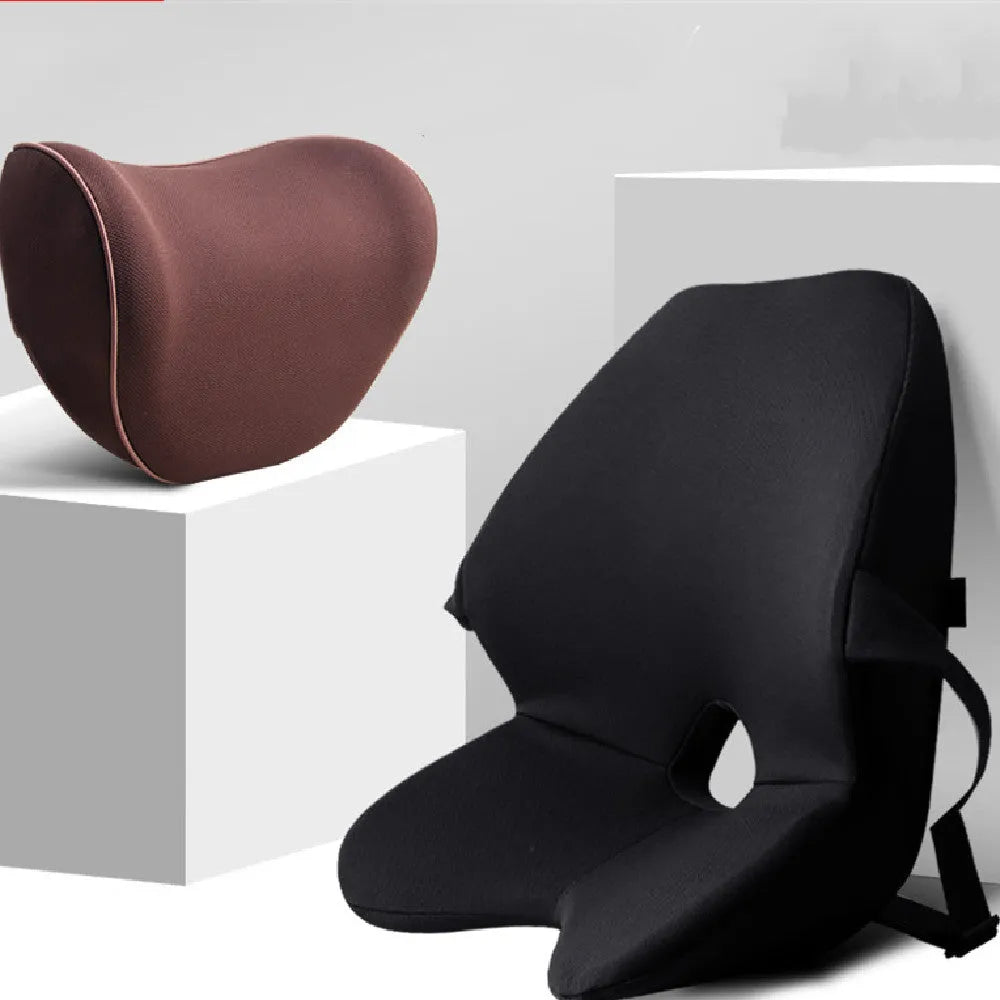 Memory foam car waist support pad on vehicle seat with optional headrest cushion