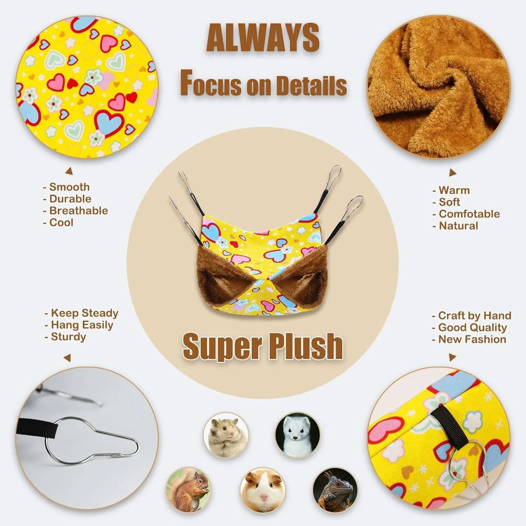 Small pet fabric hammock set with hanging hammock and tubular tunnel for hamsters in yellow heart pattern