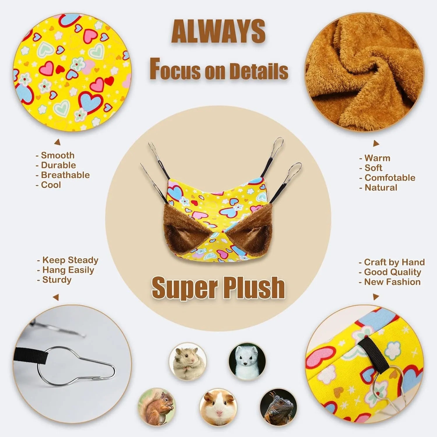 Small pet fabric hammock set with hanging hammock and tubular tunnel for hamsters in yellow heart pattern