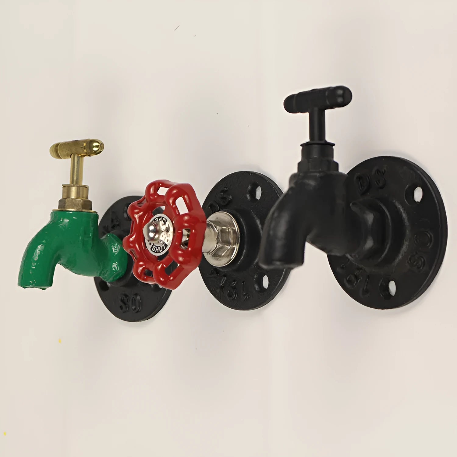 Water pipe style metal wall hanging hook for towels, shown in a choice of colours.