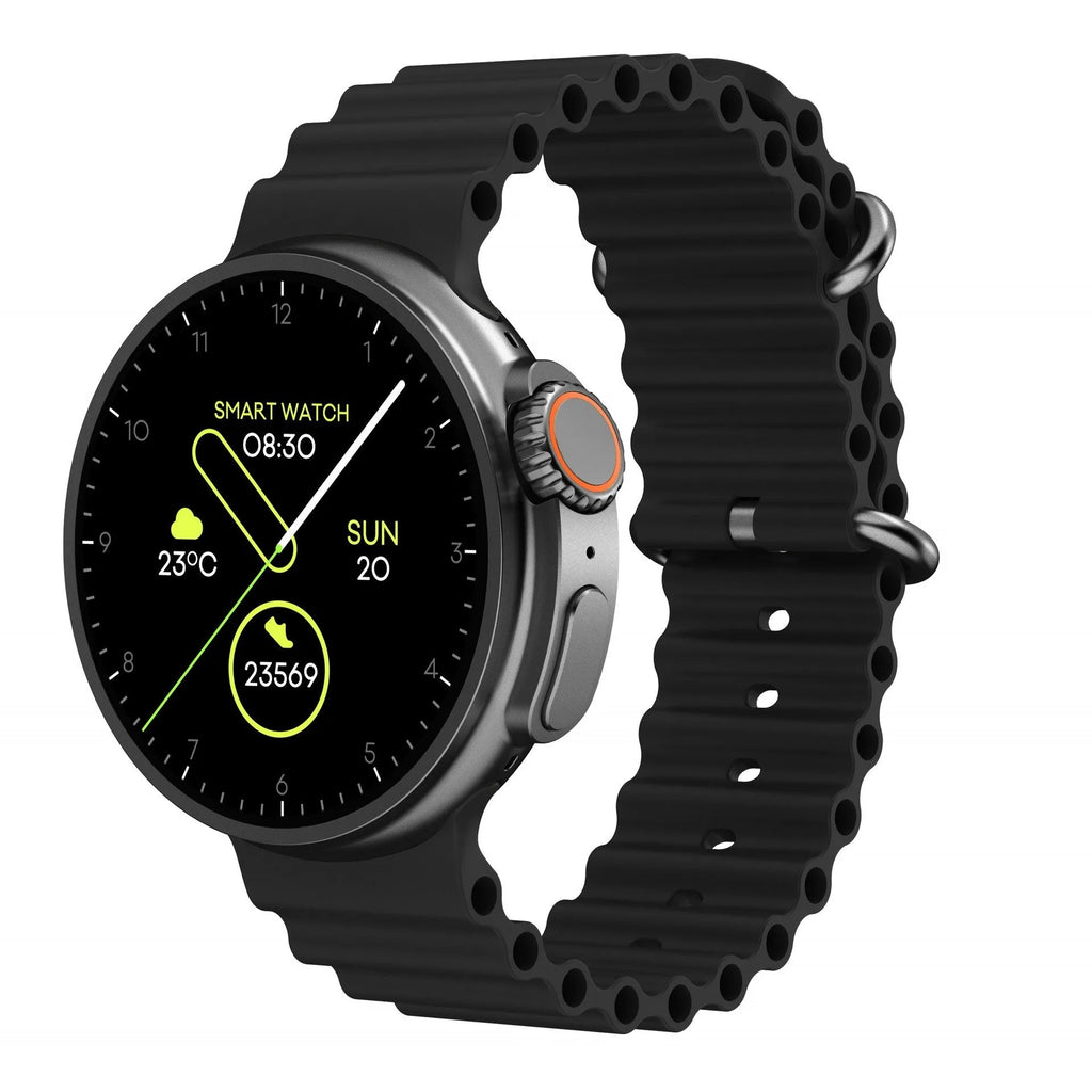 K9 Smart Watch in black with round screen showing health metrics and NFC payment interface