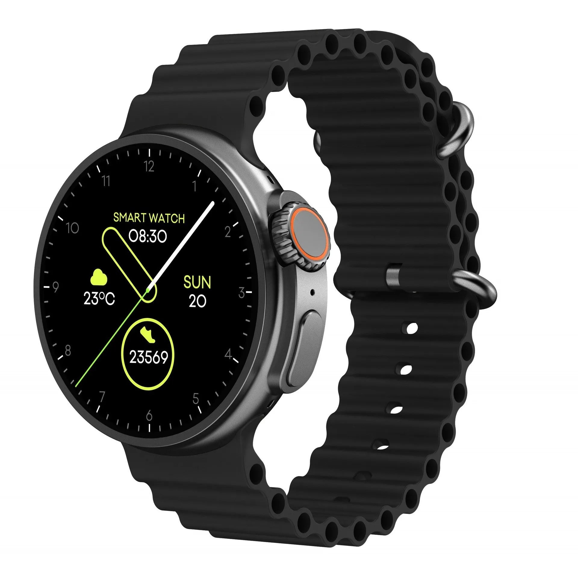K9 Smart Watch in black with round screen showing health metrics and NFC payment interface