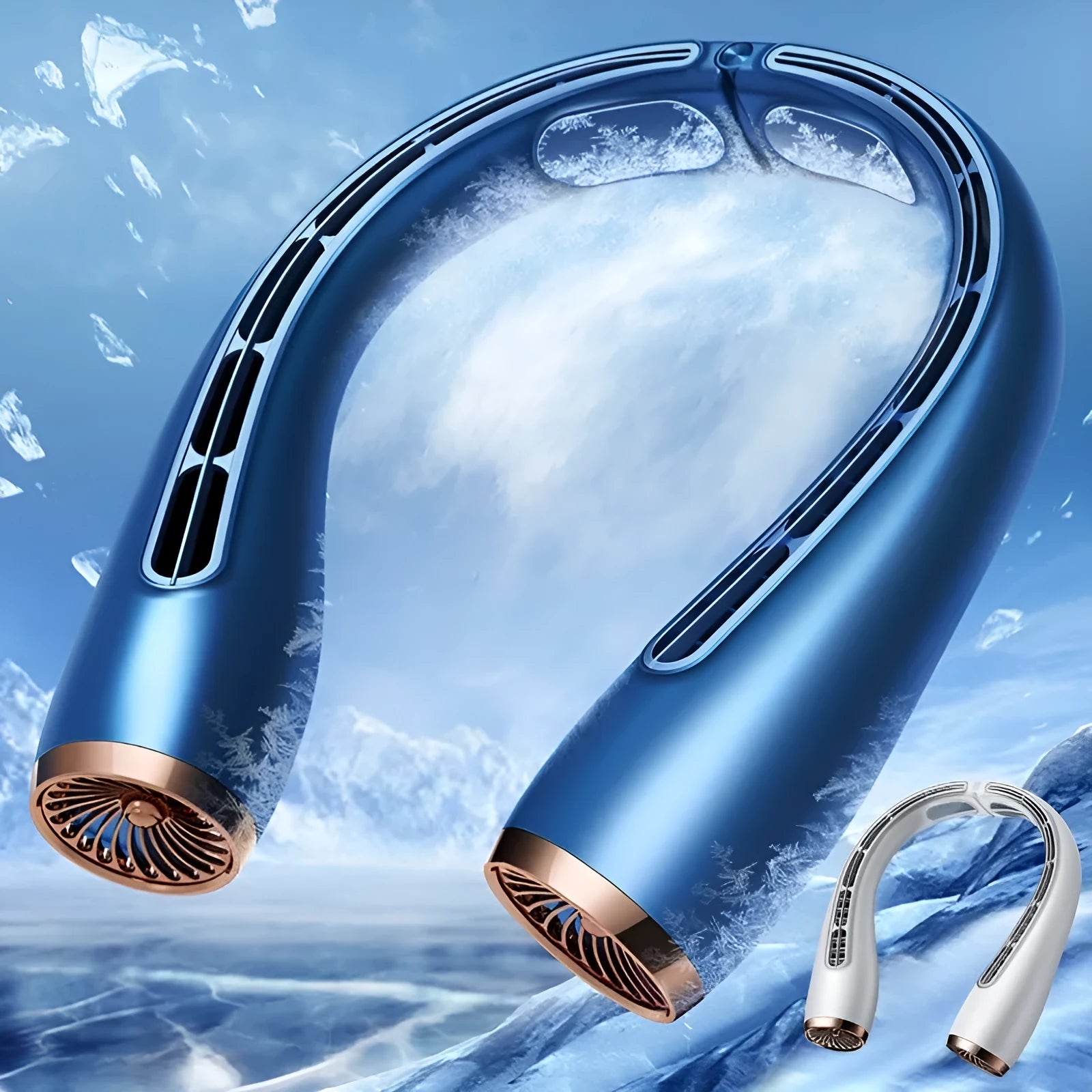 Bladeless neck fan in blue with USB charging port, 190g lightweight design, 221x203x53mm