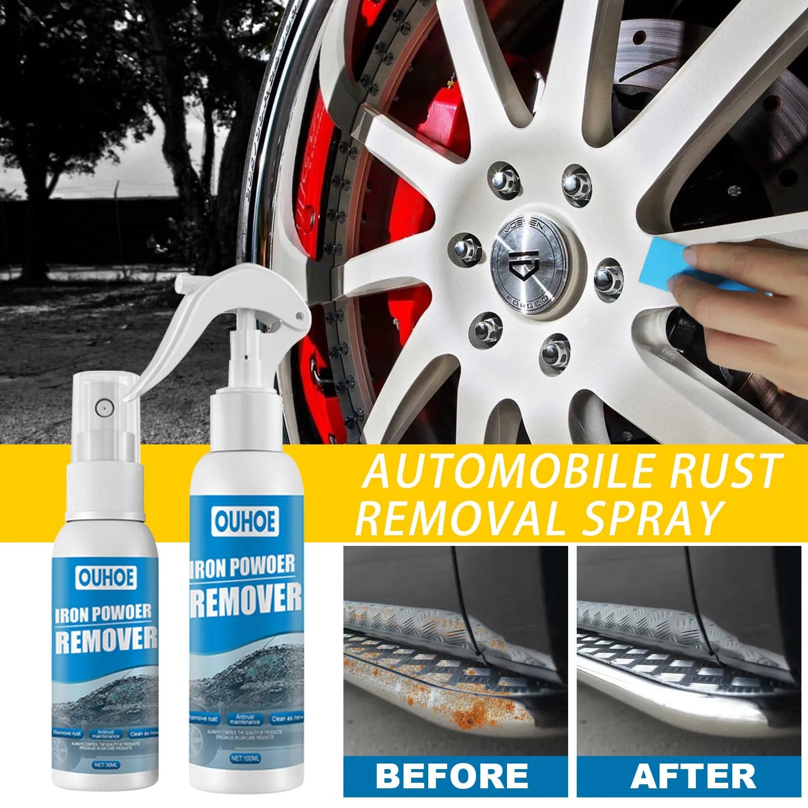 Blue car rust remover spray bottle with a choice of sponge or towel applicator.