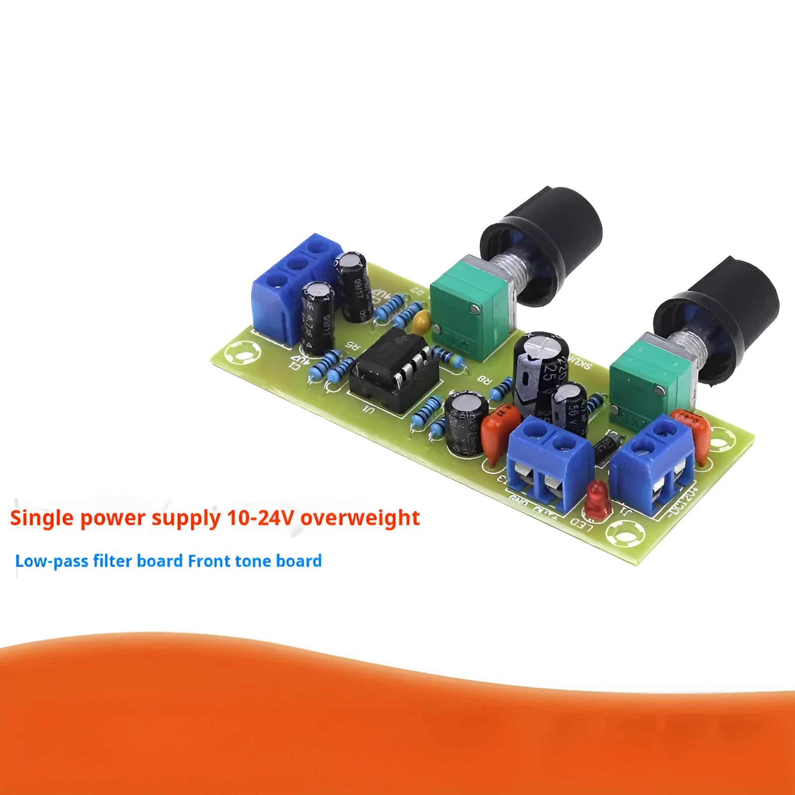 Front stage audio bass boost circuit board on FR-4 PCB with potentiometers