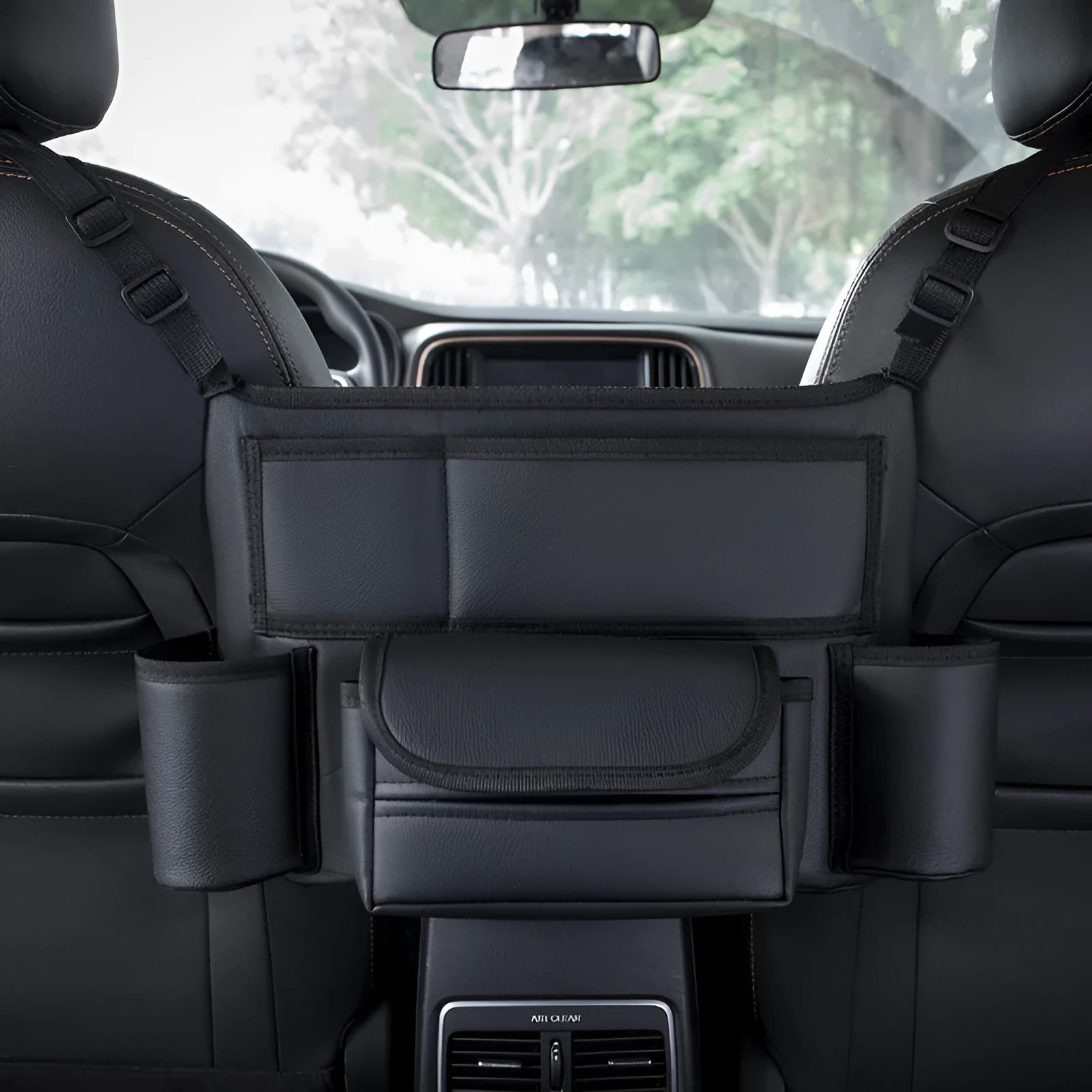 Leather car seat gap organiser with tissue box in black with Classic Lychee, Carbon Fibre, or Fashion Grain patterns