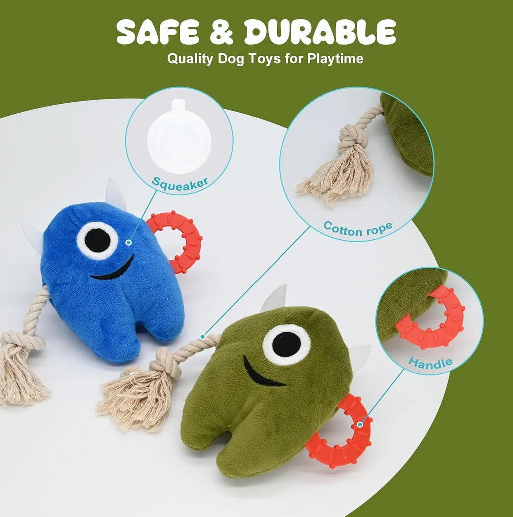 Blue and green stuffed plush dog toy with integrated cotton rope and squeaker for chew and tug play.
