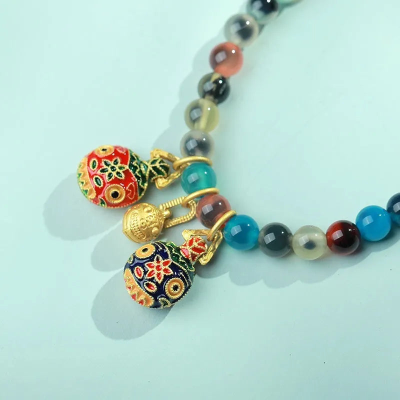 Natural colourful sugar heart agate women's bracelet with copper coin detailing in fu character design