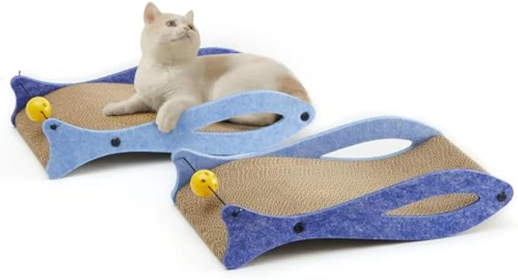 Blue fish-shaped cat scratcher lounge with corrugated cardboard surface and a hanging bell ball toy.