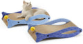 Blue fish-shaped cat scratcher lounge with corrugated cardboard surface and a hanging bell ball toy.
