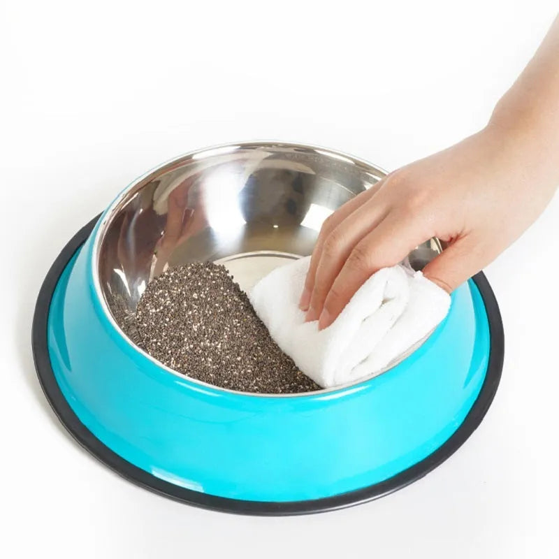 Stainless steel pet bowl with colourful melamine exterior showing dual compartment design