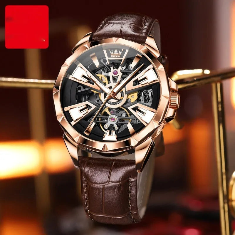 Men's automatic mechanical watch with hollow skeleton dial showing movement through 44mm barrel-shaped case