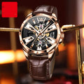 Men's automatic mechanical watch with hollow skeleton dial showing movement through 44mm barrel-shaped case