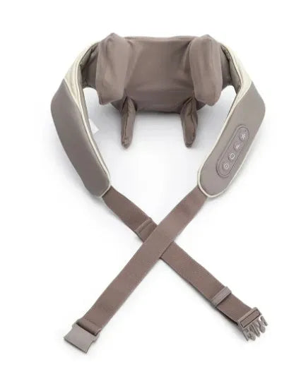 Milky white rechargeable shoulder and neck massager unit with USB charging cable.