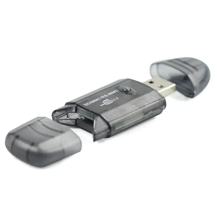 Transparent USB 2.0 card reader with clear plastic housing showing internal components