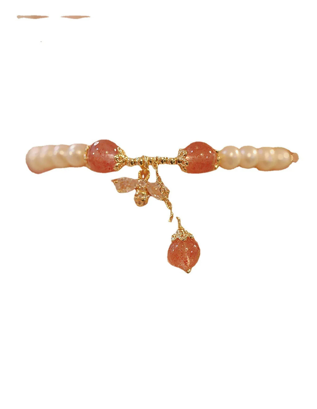 Women's handmade strawberry quartz crystal bracelet with stringed pearls and bow decoration