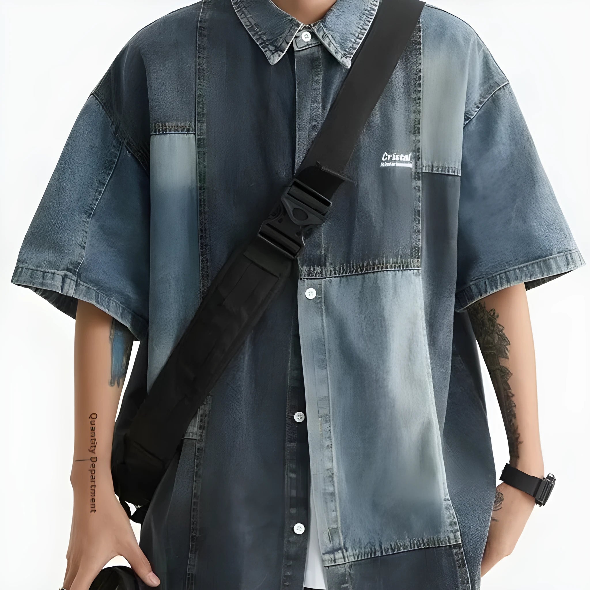 Blue men's loose-fit denim shirt with Japanese retro wash and stitching details, shown open as a cardigan.