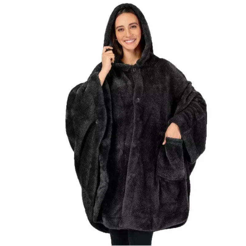 A heavy-weight hooded bathrobe in a cardigan style, shown in black, dark grey, and pink colour options.