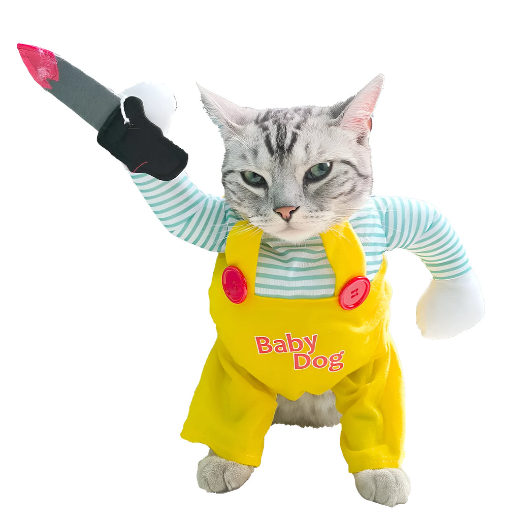 Yellow knife assassin costume for cats with B02405 sword design in polyester fabric