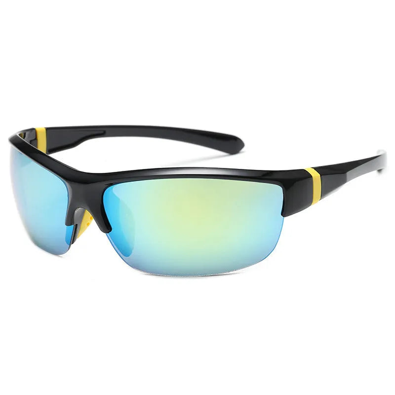 Men's windproof cycling sunglasses with semi-frameless PC frame in Bright Black Blue Mercury colour