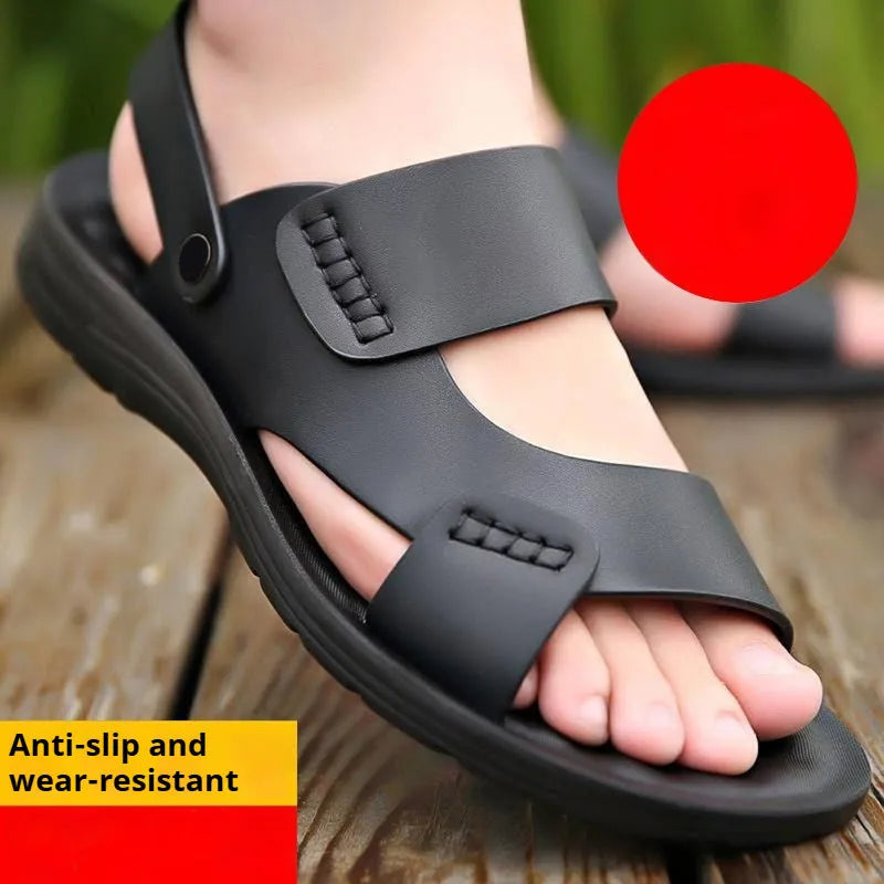 Men's waterproof plastic beach sandals in brown and black colours showing slip-on casual design