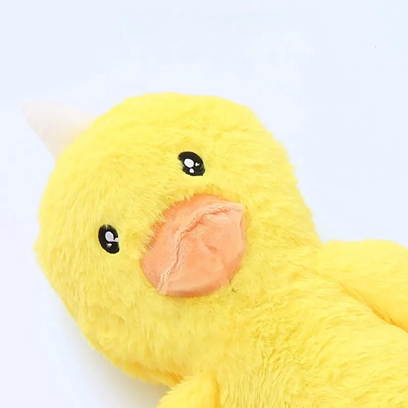 Pink and yellow plush dog toy with rattle sound and teeth cleaning design for large breeds