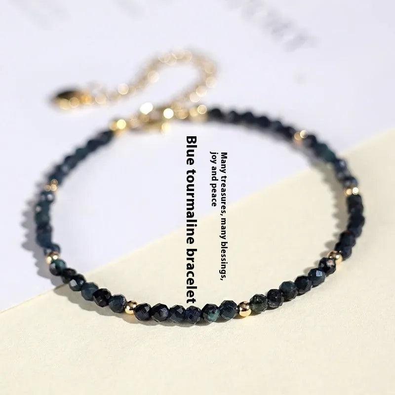 Blue tourmaline beaded bracelet with 3mm gemstone beads and spacer bead design