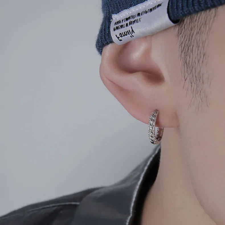 Men's geometric copper earrings in silver and coloured finishes, showing 10mm and 14mm sizes.