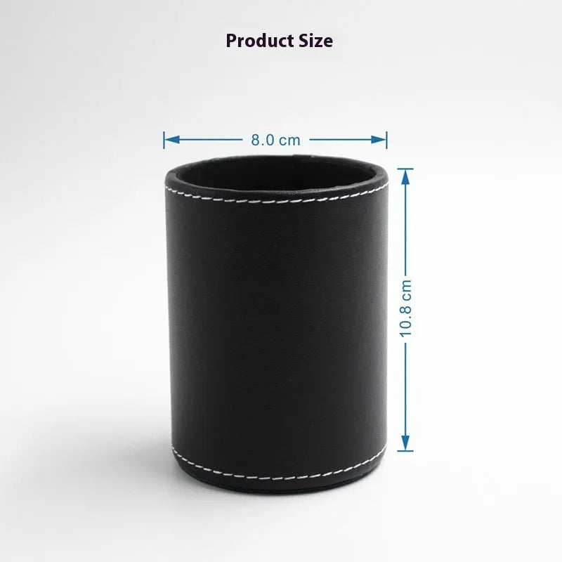 Round black leather pen container showing cylindrical shape and dimensions