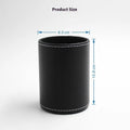 Round black leather pen container showing cylindrical shape and dimensions