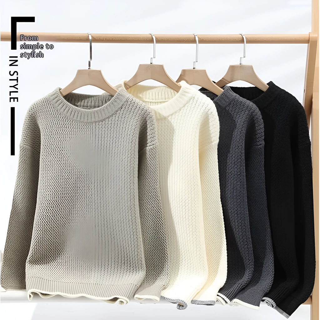 Men's casual round neck pullover sweater in polyester blend available in multiple colours