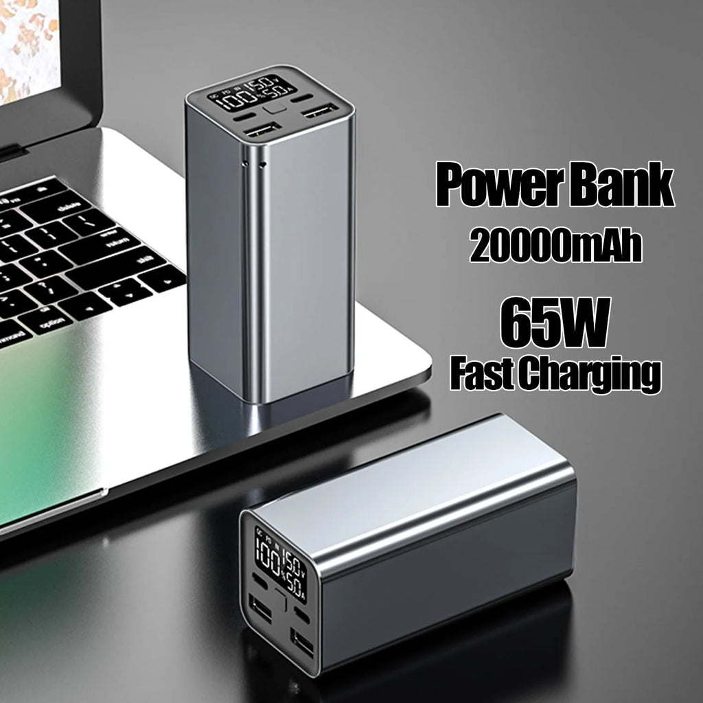 65W 20000mAh metal laptop charging bank in black, blue or grey colours showing compact dimensions