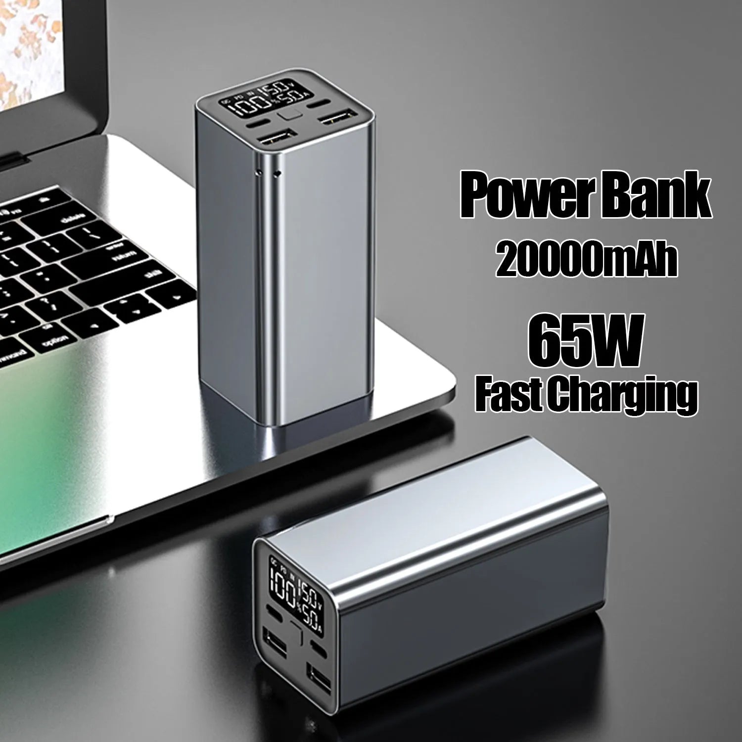65W 20000mAh metal laptop charging bank in black, blue or grey colours showing compact dimensions
