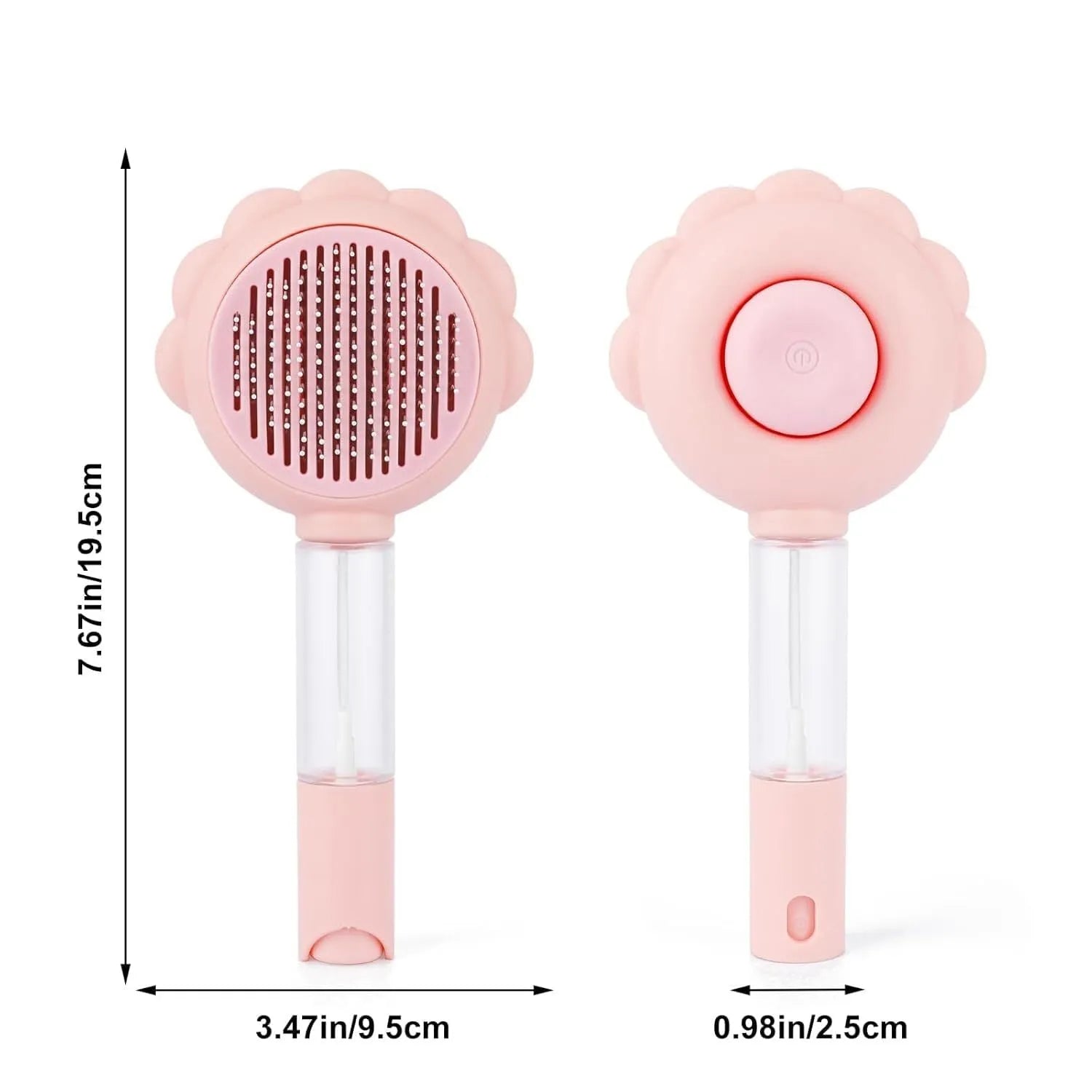 Grey spray cat brush with self-cleaning button and water spray function for pet grooming