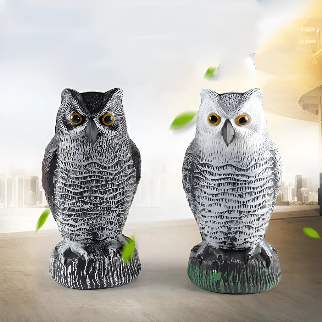 Three artificial plastic owls in red or white for garden pest control, each 20cm tall