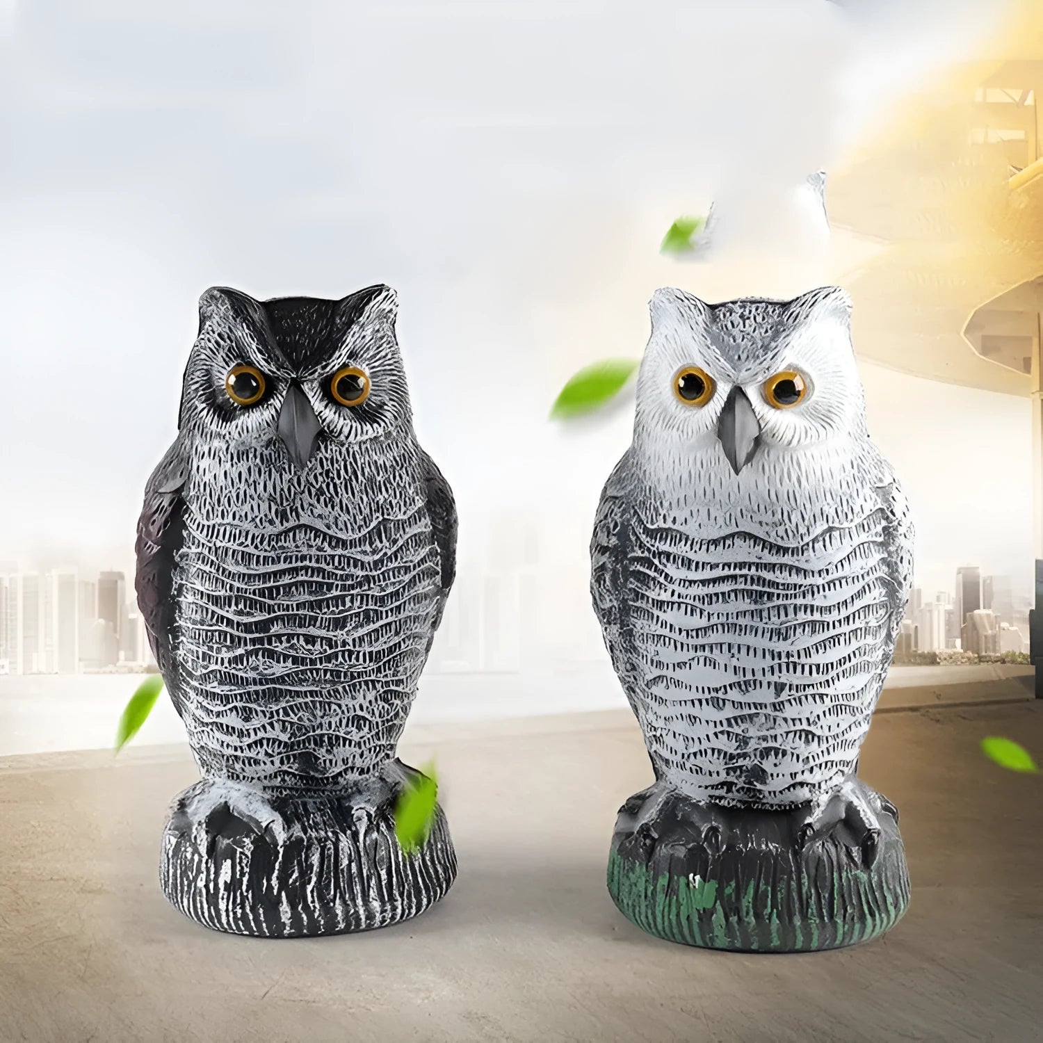 Three artificial plastic owls in red or white for garden pest control, each 20cm tall