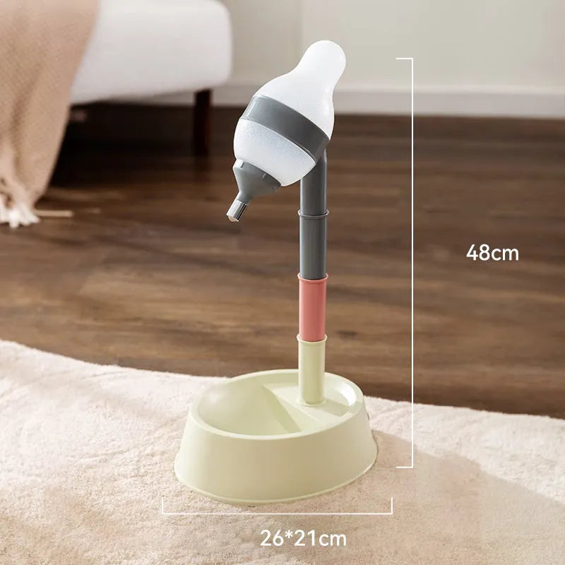 Green adjustable height pet water dispenser with detachable pole and bowl for dogs and cats.