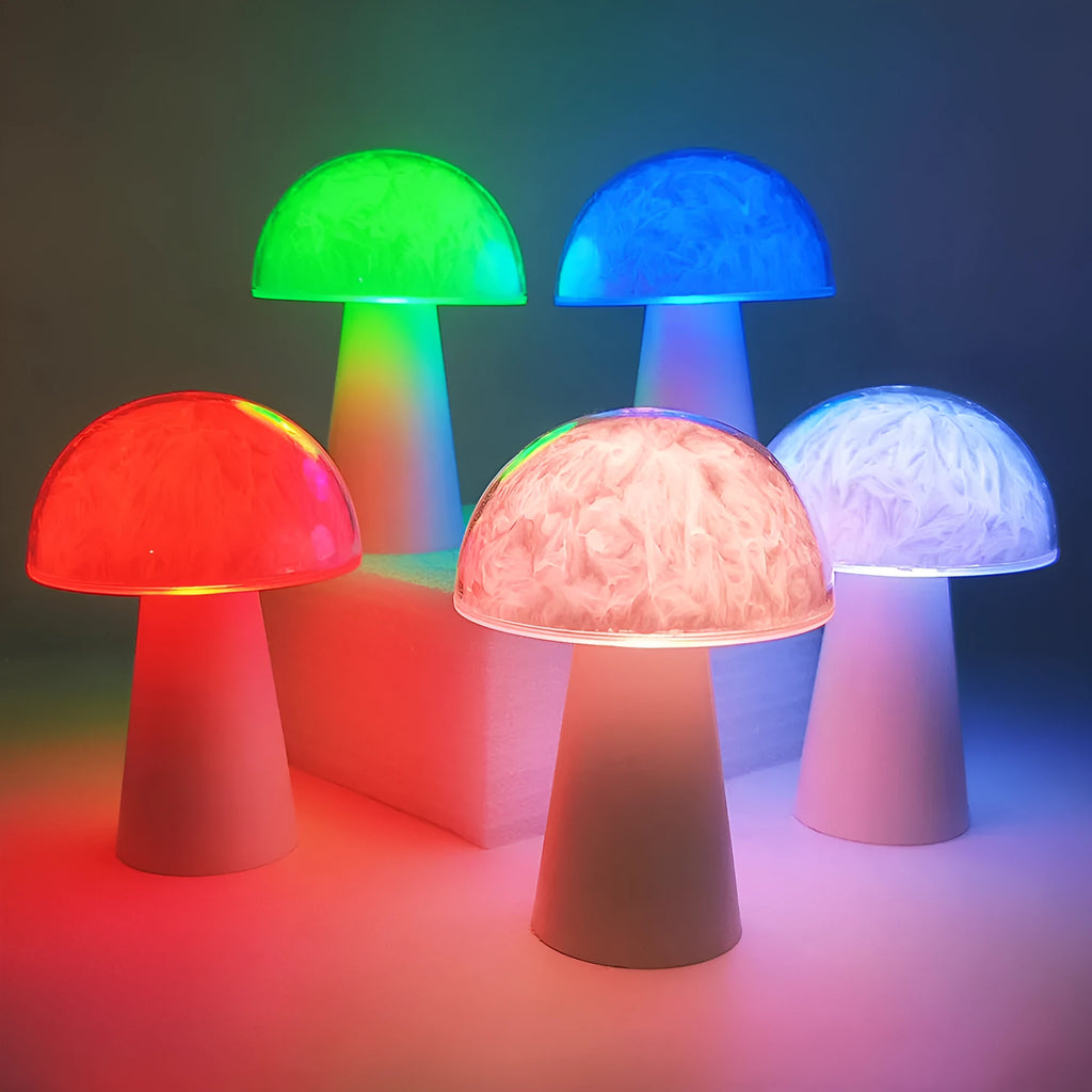 Mushroom-shaped RGB colour changing ambience lamp with remote control on wooden surface