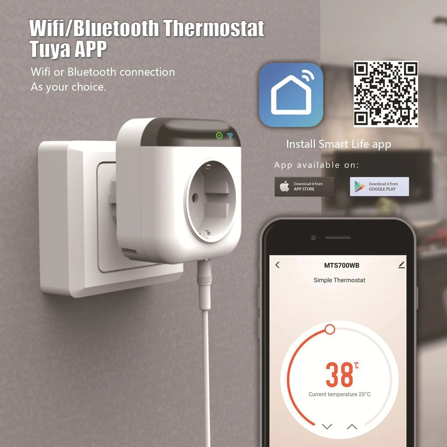 Tuya smart temperature control switch socket with WiFi, US three-hole outlet, and temperature sensor probe