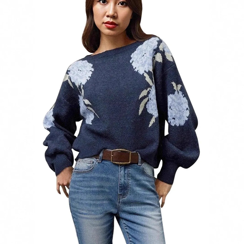 Sapphire Blue women's pullover with off-neck design and floral jacquard pattern in loose street style