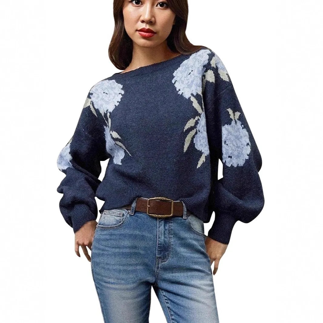 Sapphire Blue women's pullover with off-neck design and floral jacquard pattern in loose street style