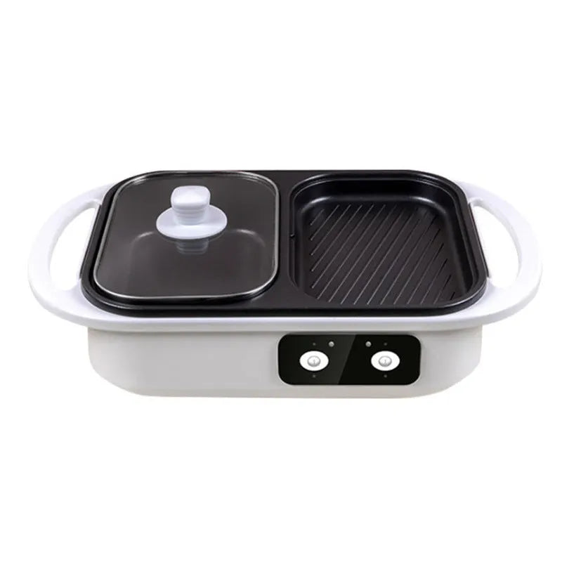 White and green dual-function electric hot pot and frying oven appliance with mechanical controls