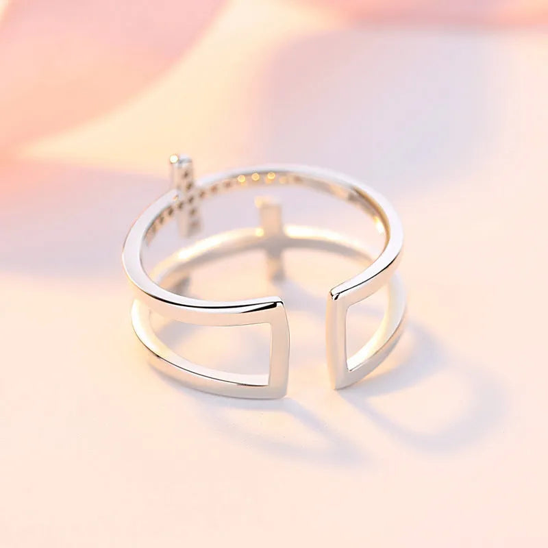 Women's adjustable open ring with geometric design, zircon stone inlays, and white gold finish