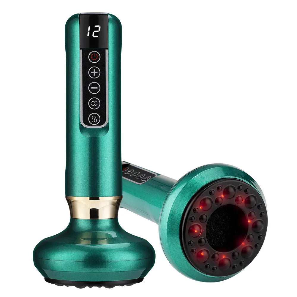 Green electric vacuum cupping massager with digital display and charging cable.