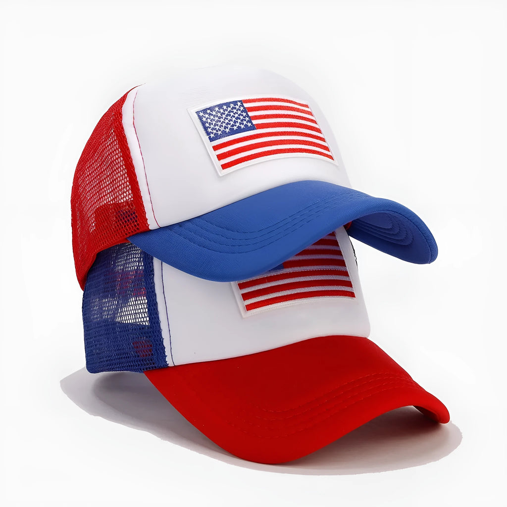 Red and blue contrast baseball cap with mesh breathable crown and adjustable strap