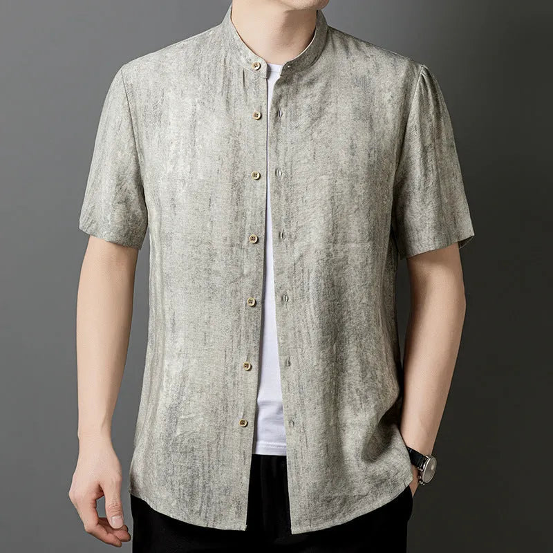 Men's solid colour stand collar linen blend shirt in loose cardigan style