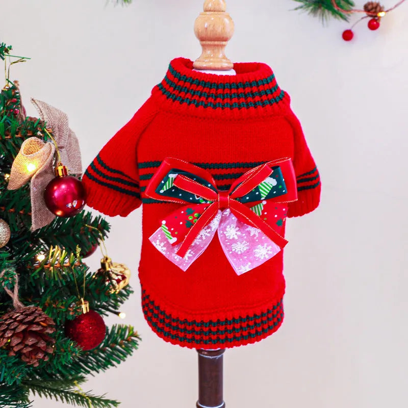 Red Christmas dog jumper on small dog showing crew neck design and festive colour
