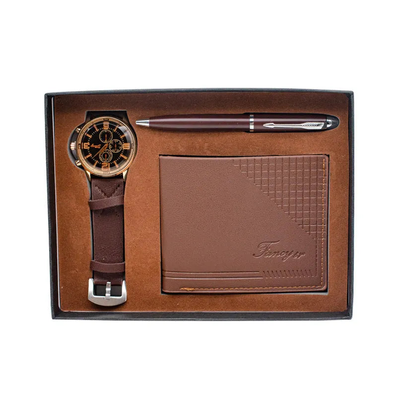 Business gift set containing wallet, pen and watch in modern simple style gift box